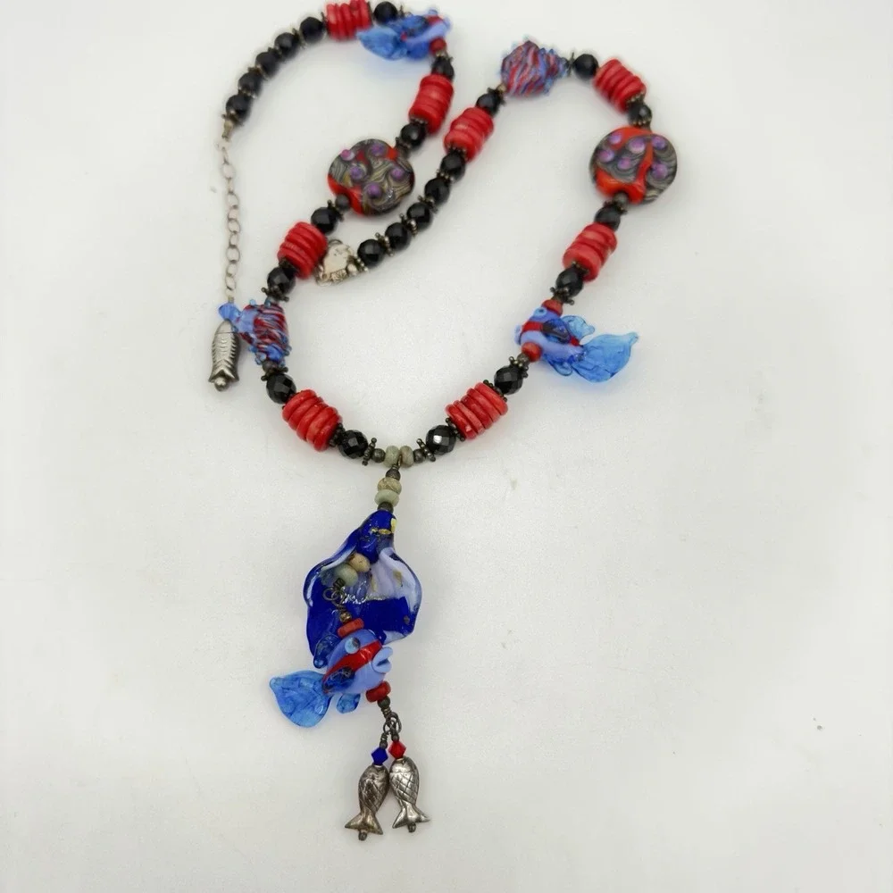 Vtg Sterling Silver Hand blow Glass Bead Necklace Fish Red Coral Y Drop Signed